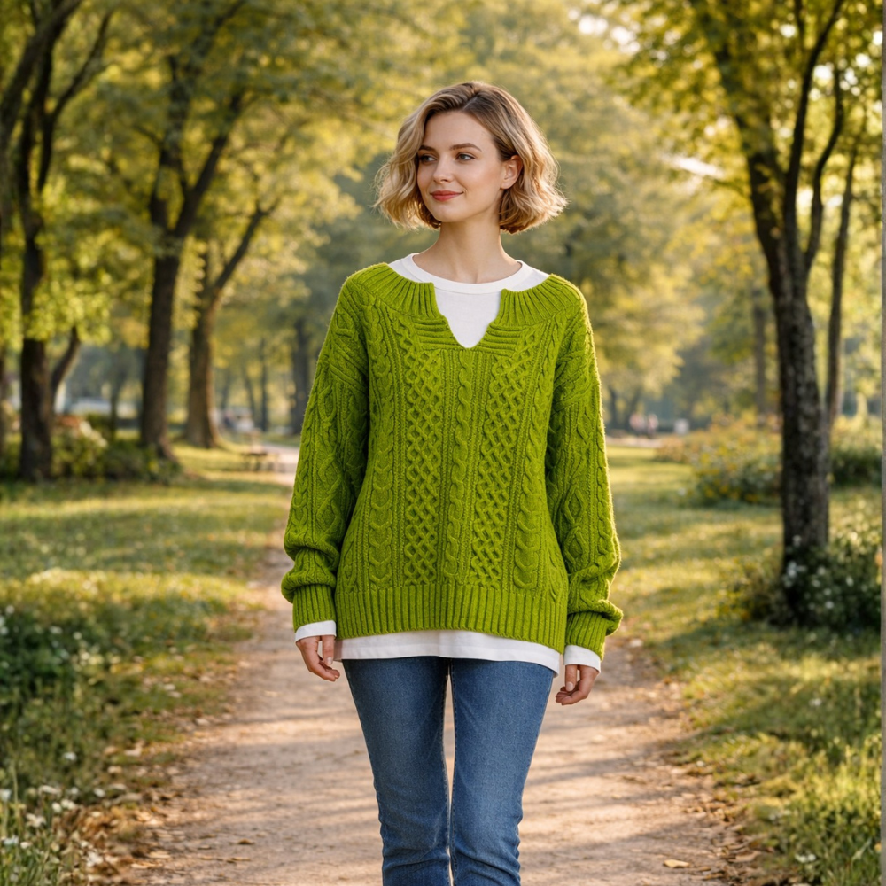 Women's oversized v-neck thick cable sweater Fashion Grand