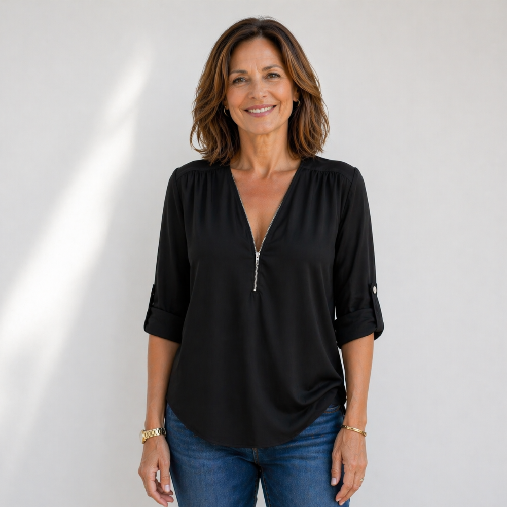 Women’s zipped v-neck loose fit casual blouse Fashion Grand