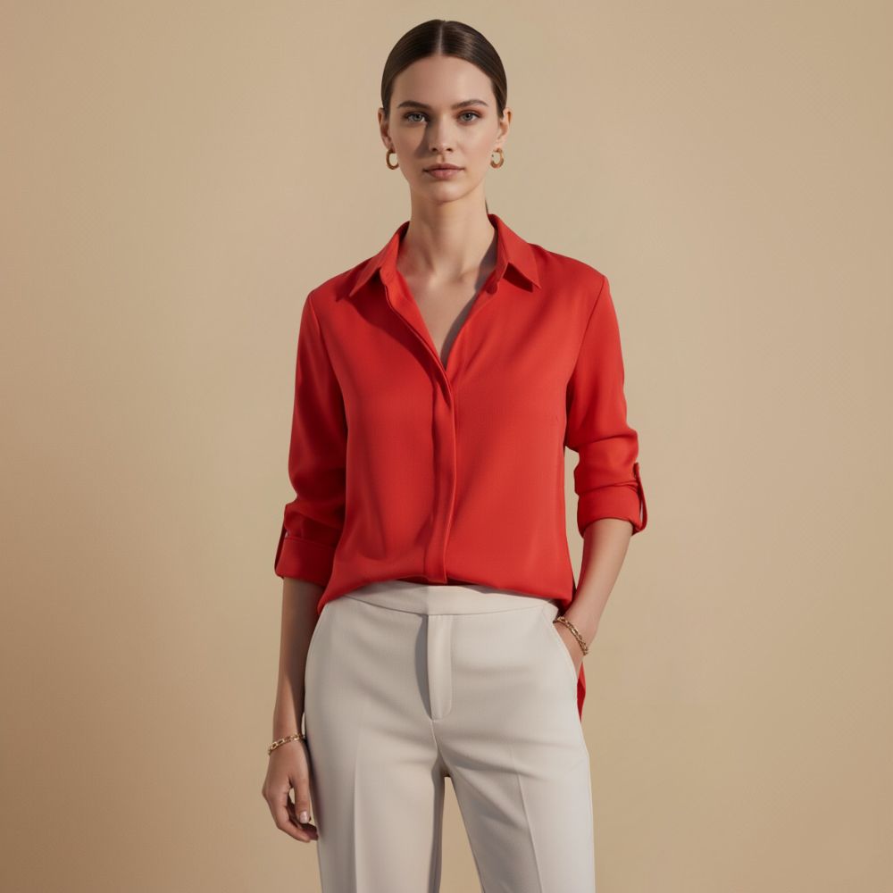 V-Neck Long Sleeve Button Blouse Fashion Grand