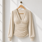 Women’s ruched v-neck long sleeve fitted top Fashion Grand