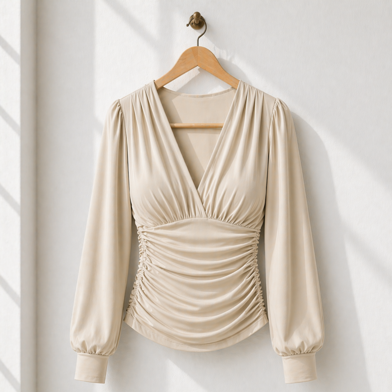 Women’s ruched v-neck long sleeve fitted top Fashion Grand
