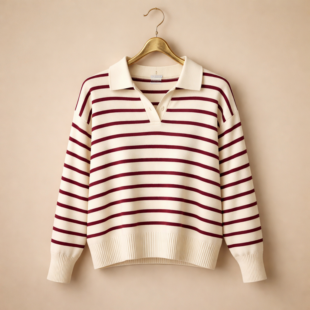 Women's Striped Polo Collar Knit Sweater Fashion Grand