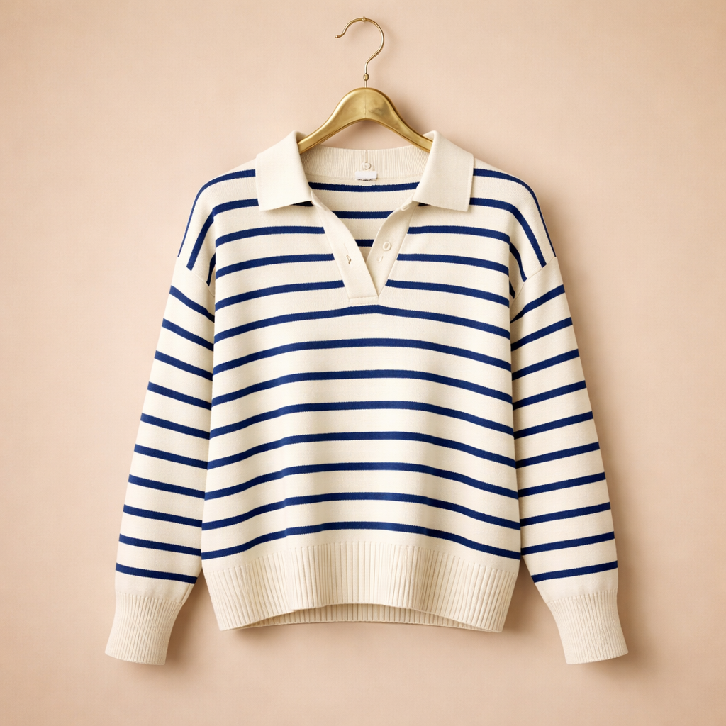 Women's Striped Polo Collar Knit Sweater Fashion Grand