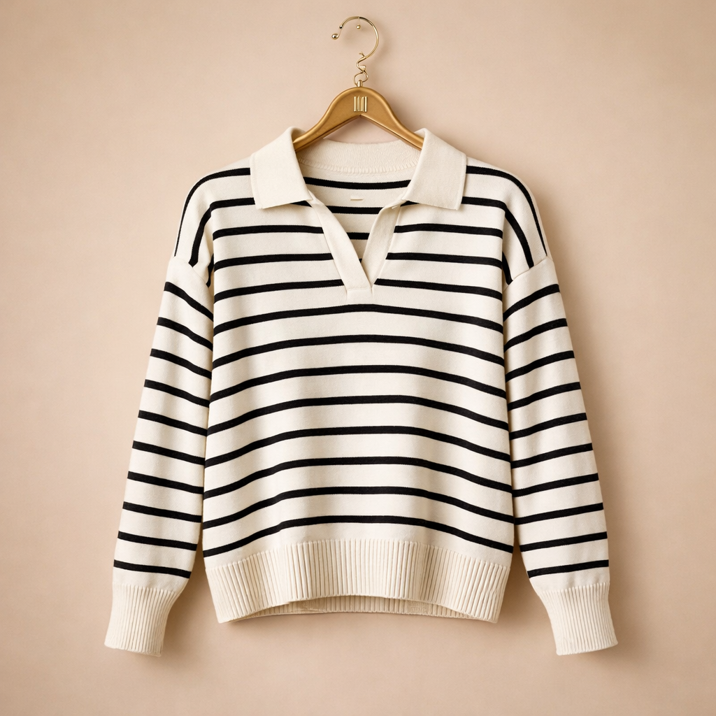 Women's Striped Polo Collar Knit Sweater Fashion Grand