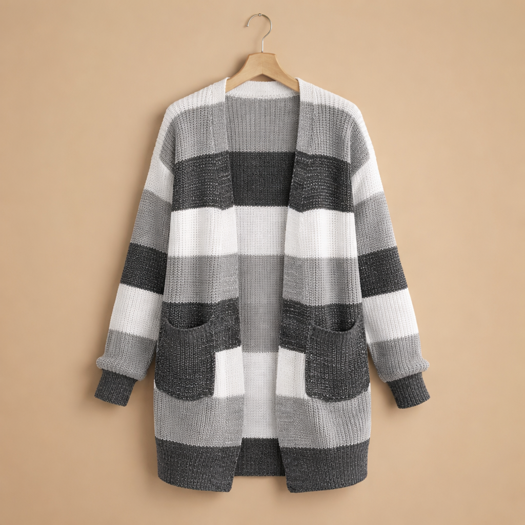 Women's Striped V Neck Soft Long Cardigan Fashion Grand