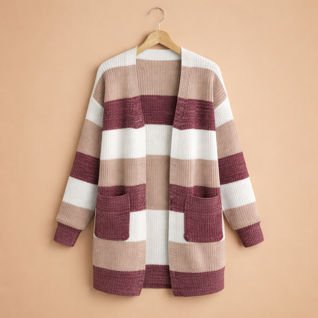 Women's Striped V Neck Soft Long Cardigan Fashion Grand