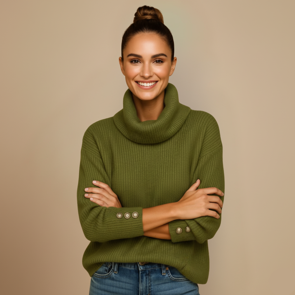 Women's turtleneck button puff sleeve knitted jumper Fashion Grand