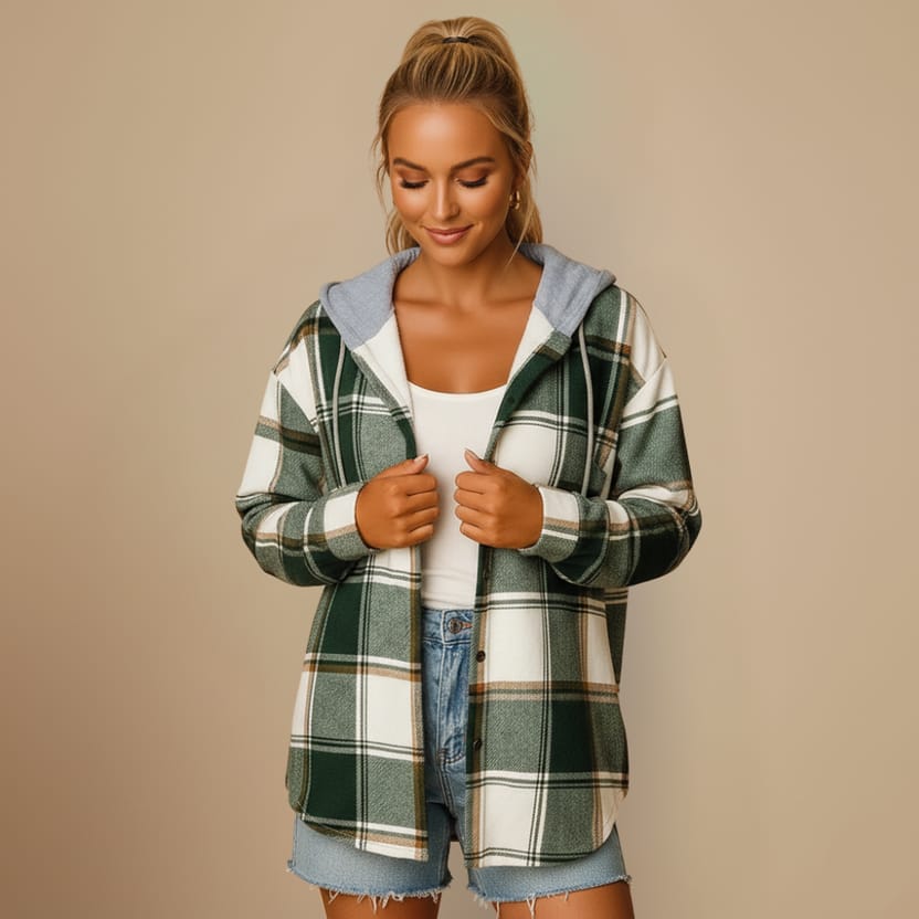 Plaid Shacket Jacket Hooded Oversized Fit Fashion Grand
