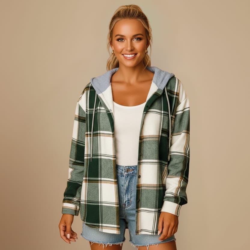 Plaid Shacket Jacket Hooded Oversized Fit Fashion Grand