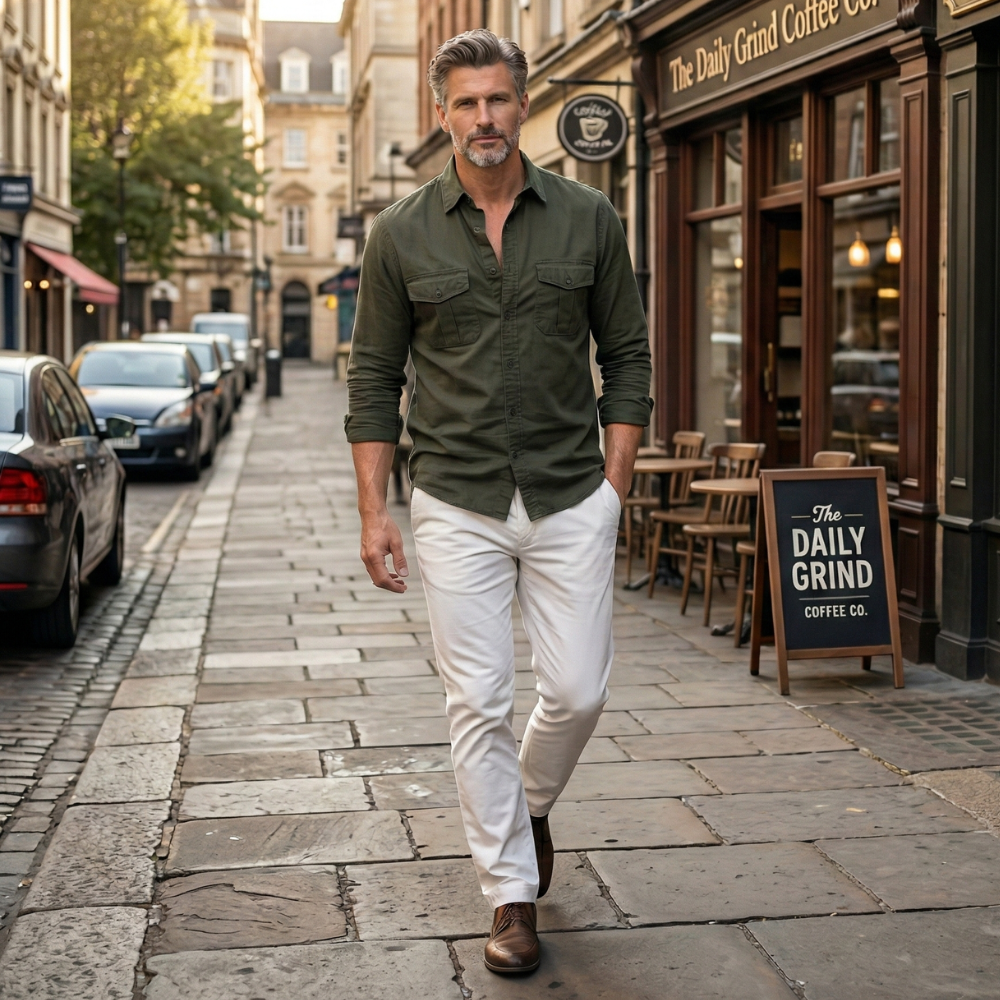 Men's casual long sleeve shirt with dual chest pockets Fashion Grand