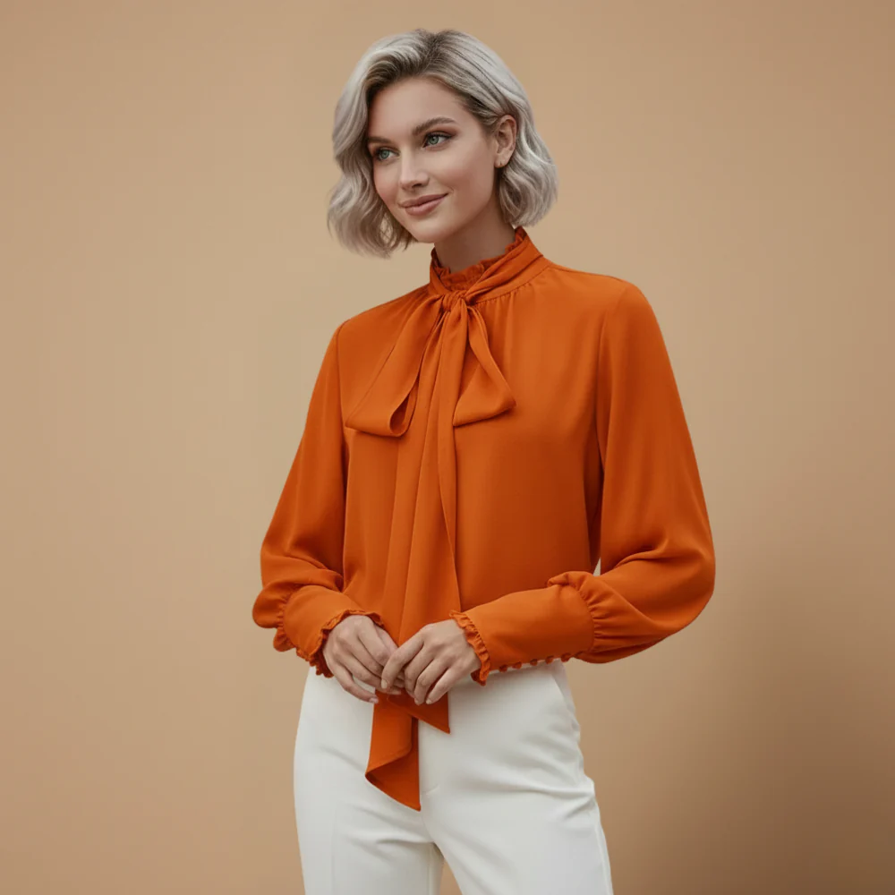 Women's tie neck bow blouse long sleeve casual Fashion Grand