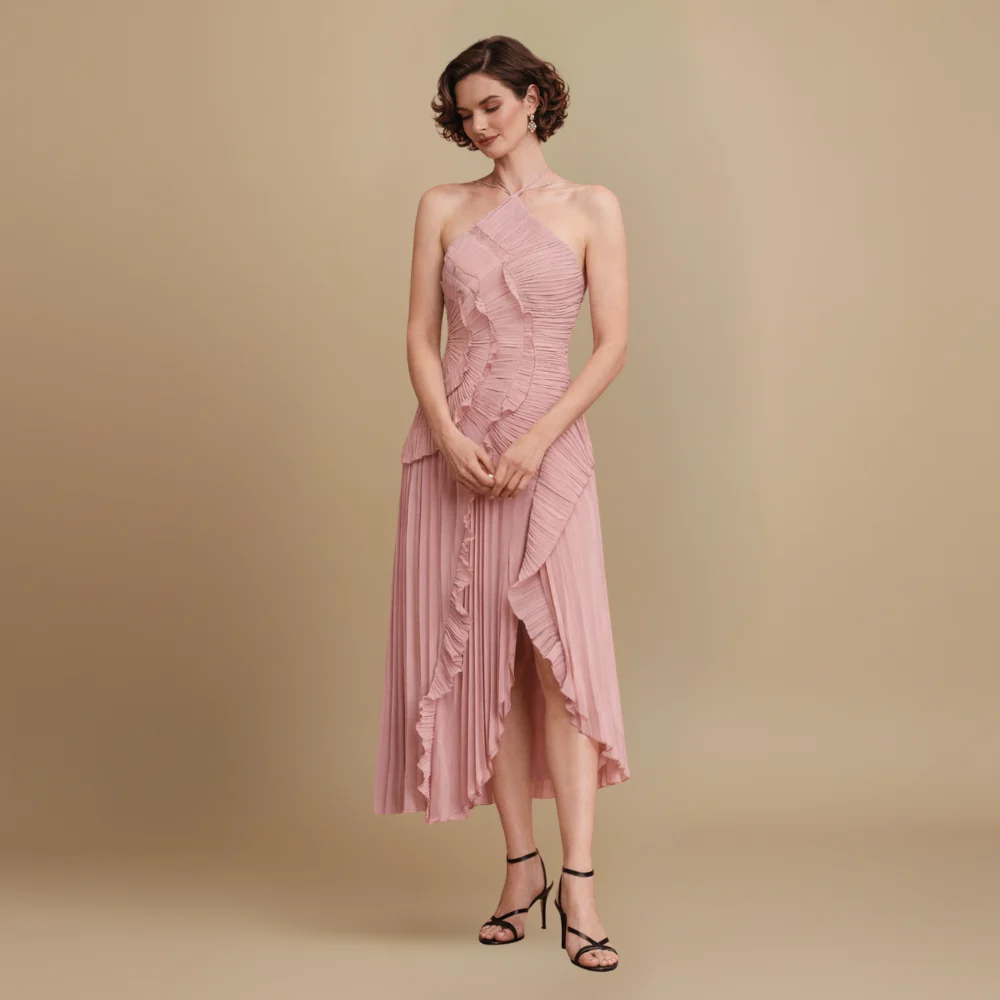 Women’s elegant flowy dress with ruffles and halter neck Fashion Grand