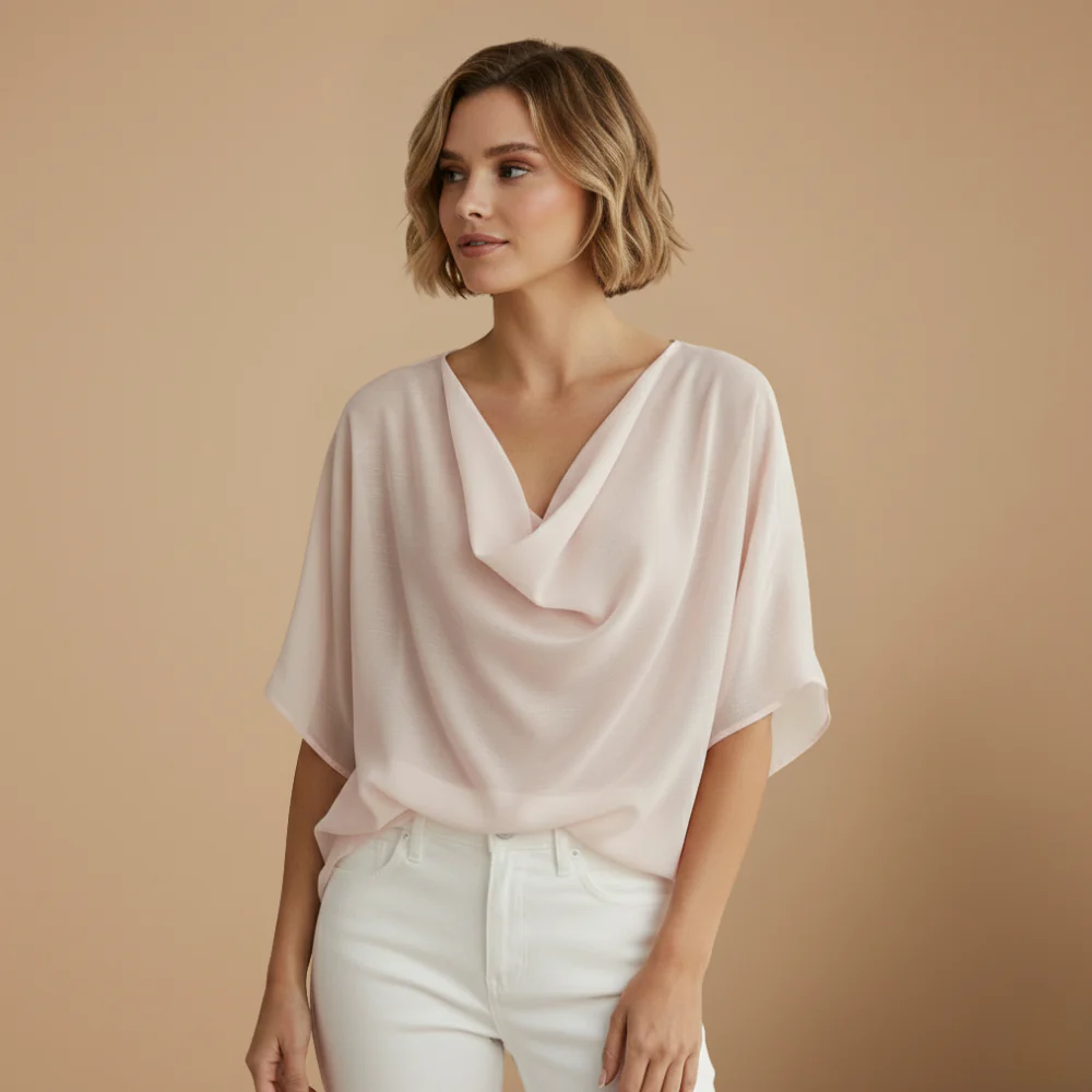 Women's loose fit blouse with mid sleeves and elegant neckline Fashion Grand