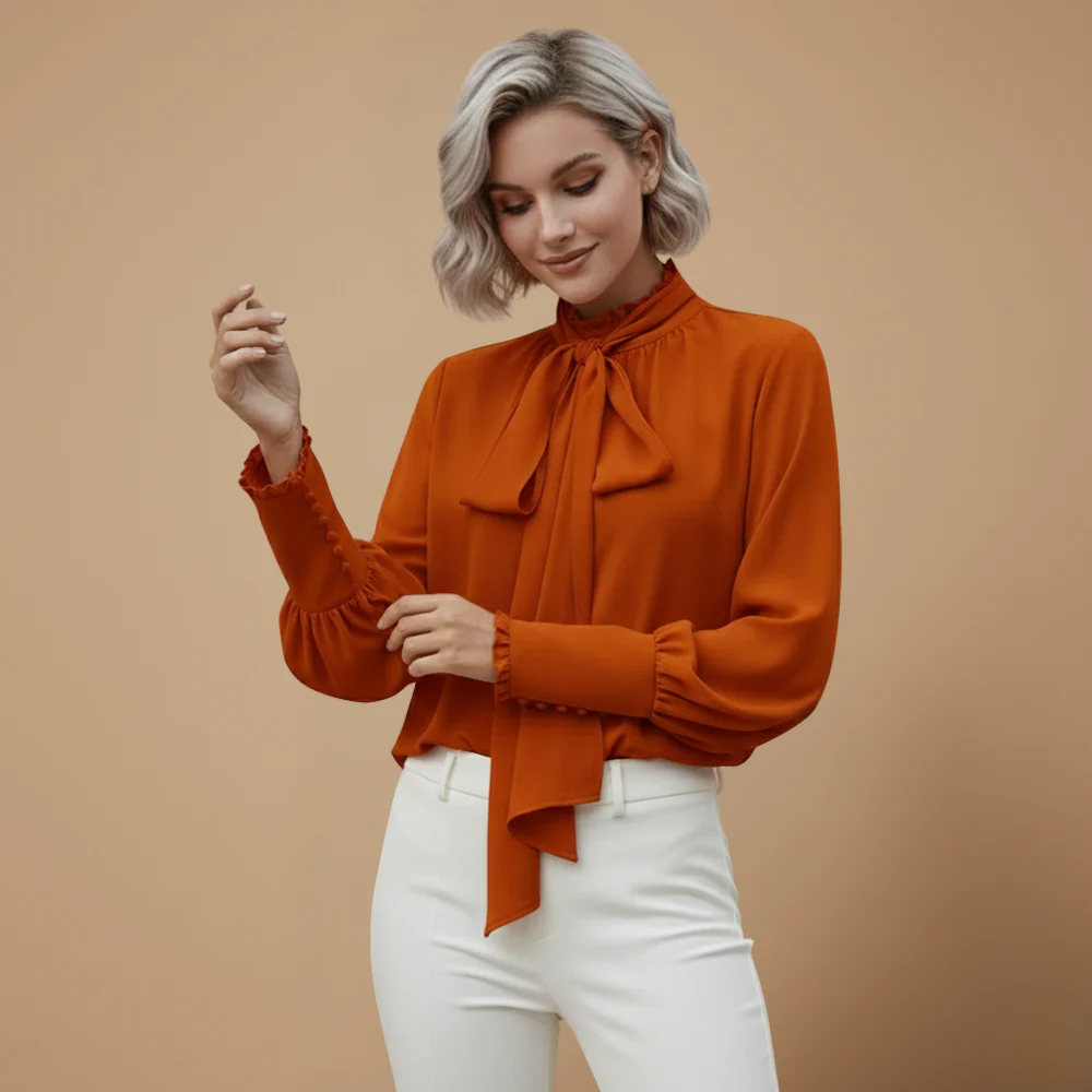 Women's tie neck bow blouse long sleeve casual Fashion Grand