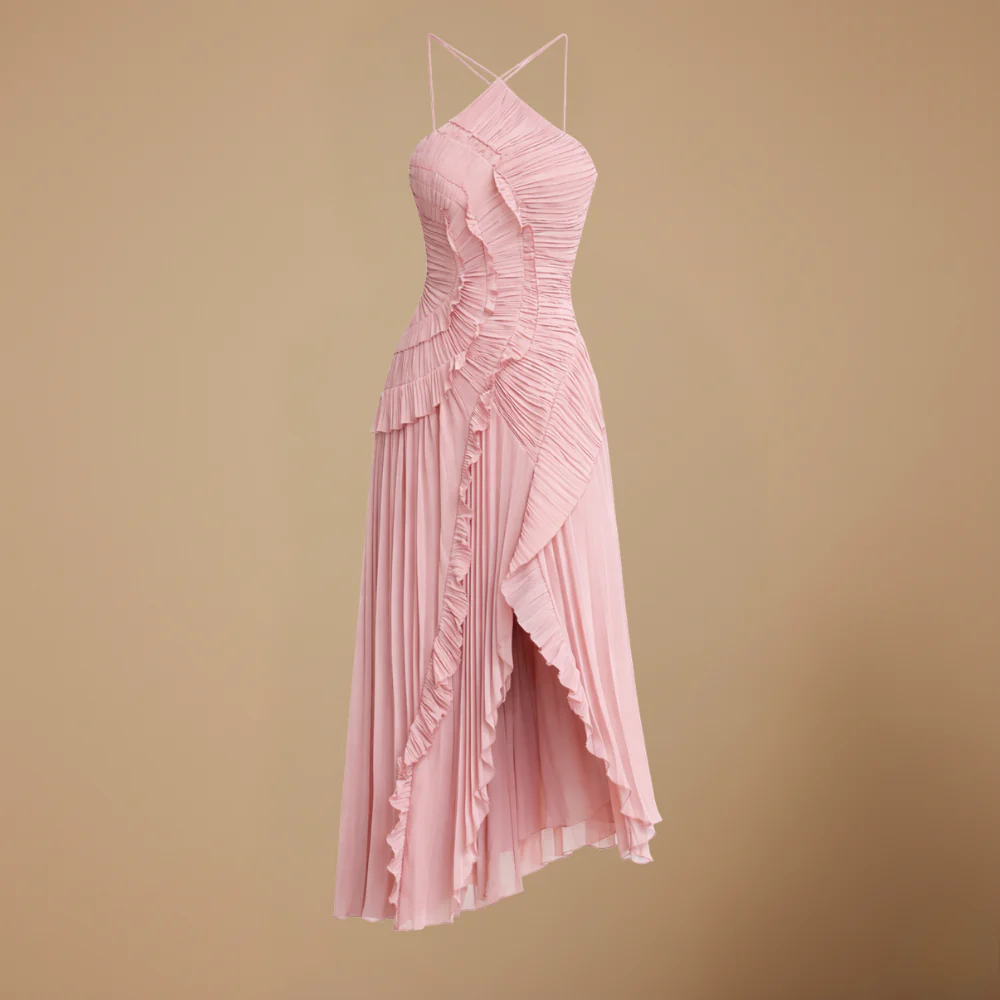 Women’s elegant flowy dress with ruffles and halter neck Fashion Grand