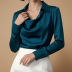 Women's elegant blouse with long sleeves and draped neckline Fashion Grand