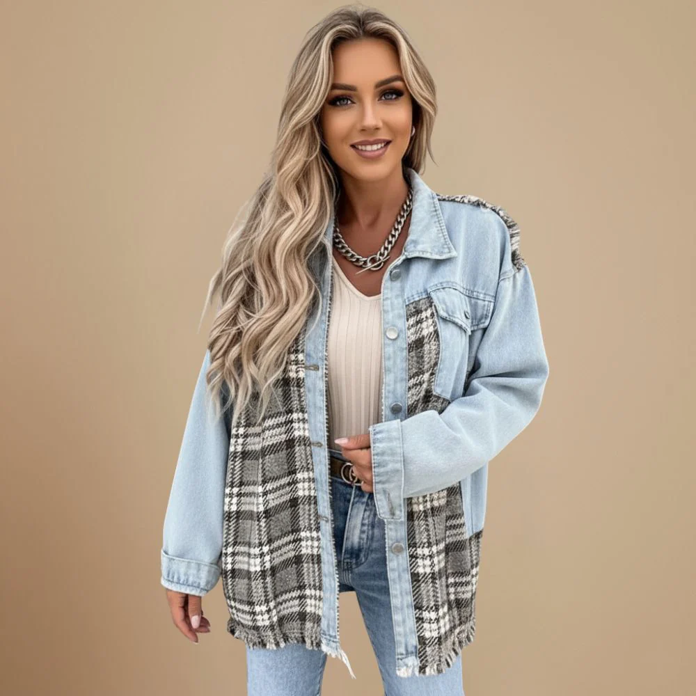 Denim Patchwork Plaid Buttoned Shirt Collar Jacket for Women Fashion Grand