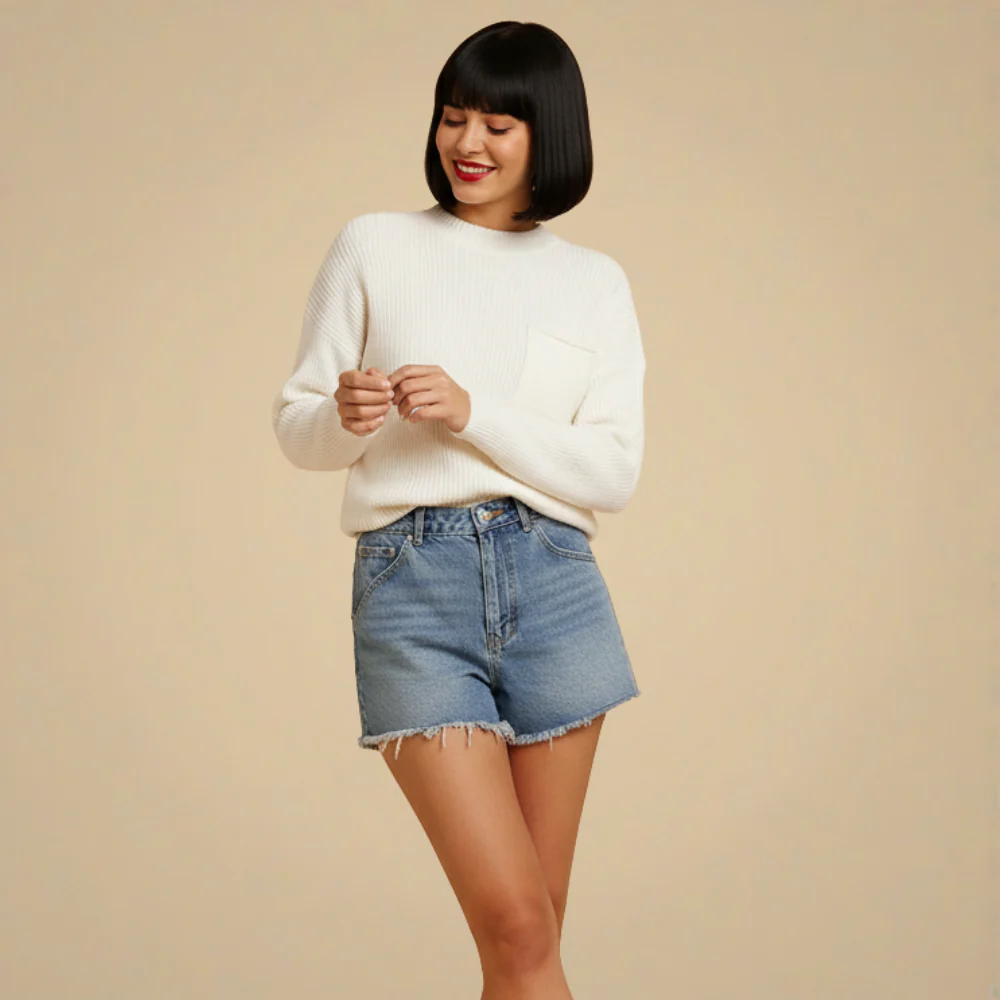 Crew Neck Knitted Sweater with Chest Pocket for Women Fashion Grand