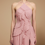 Women’s elegant flowy dress with ruffles and halter neck Fashion Grand