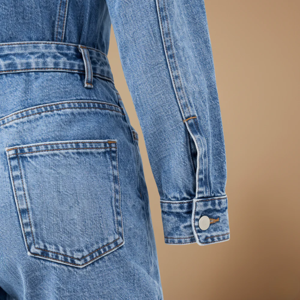 Women’s casual denim jumpsuit with straight legs and long sleeves Fashion Grand