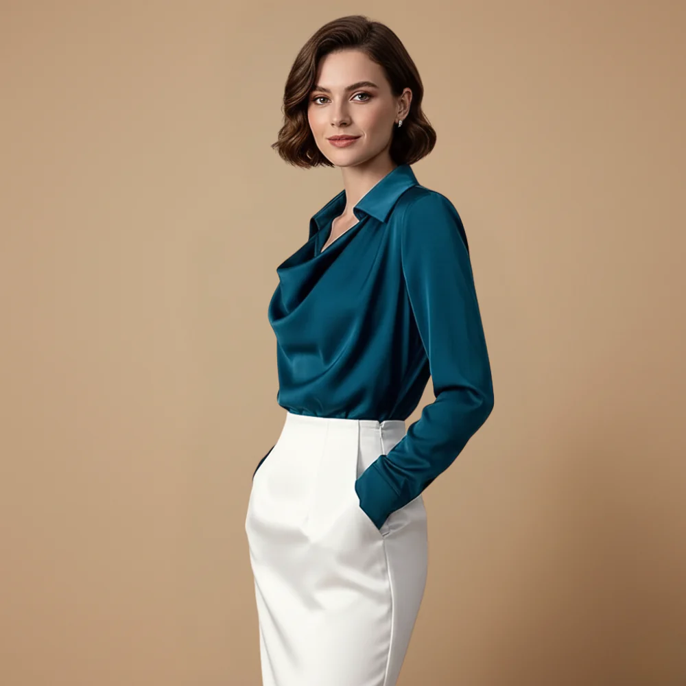 Women's elegant blouse with long sleeves and draped neckline Fashion Grand
