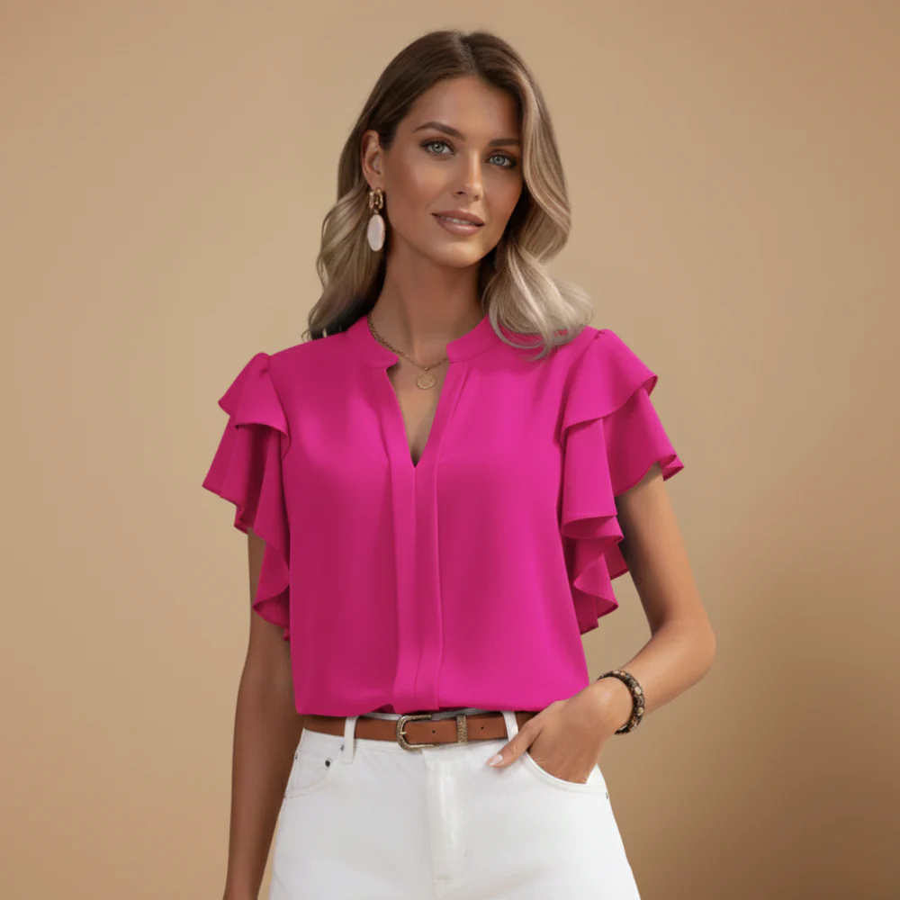 Women’s blouse with ruffles and V-neck for casual summer wear Fashion Grand