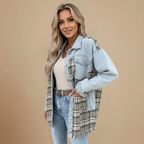 Denim Patchwork Plaid Buttoned Shirt Collar Jacket for Women Fashion Grand