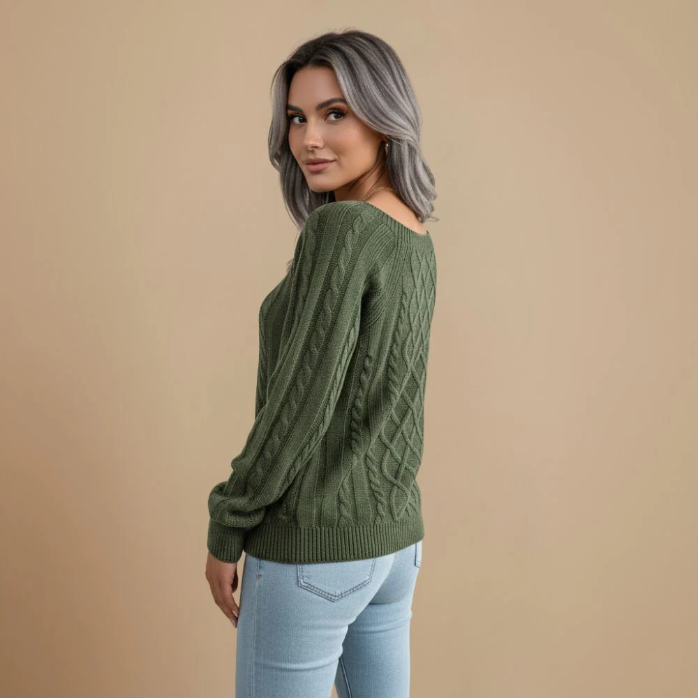 Cable Knit Shoulder Button Detail Round Jumper for Women Fashion Grand