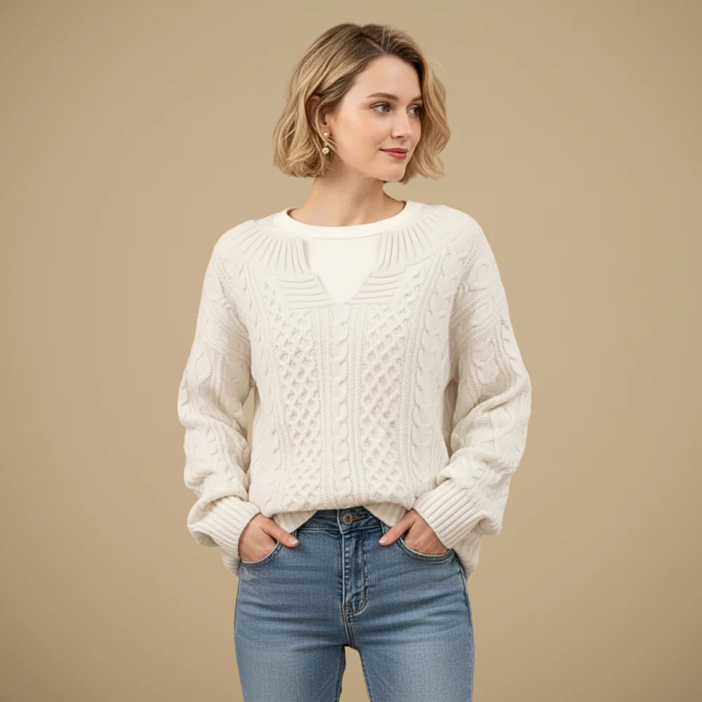 Women's Oversized V-Neck Thick Cable Jumper Fashion Grand