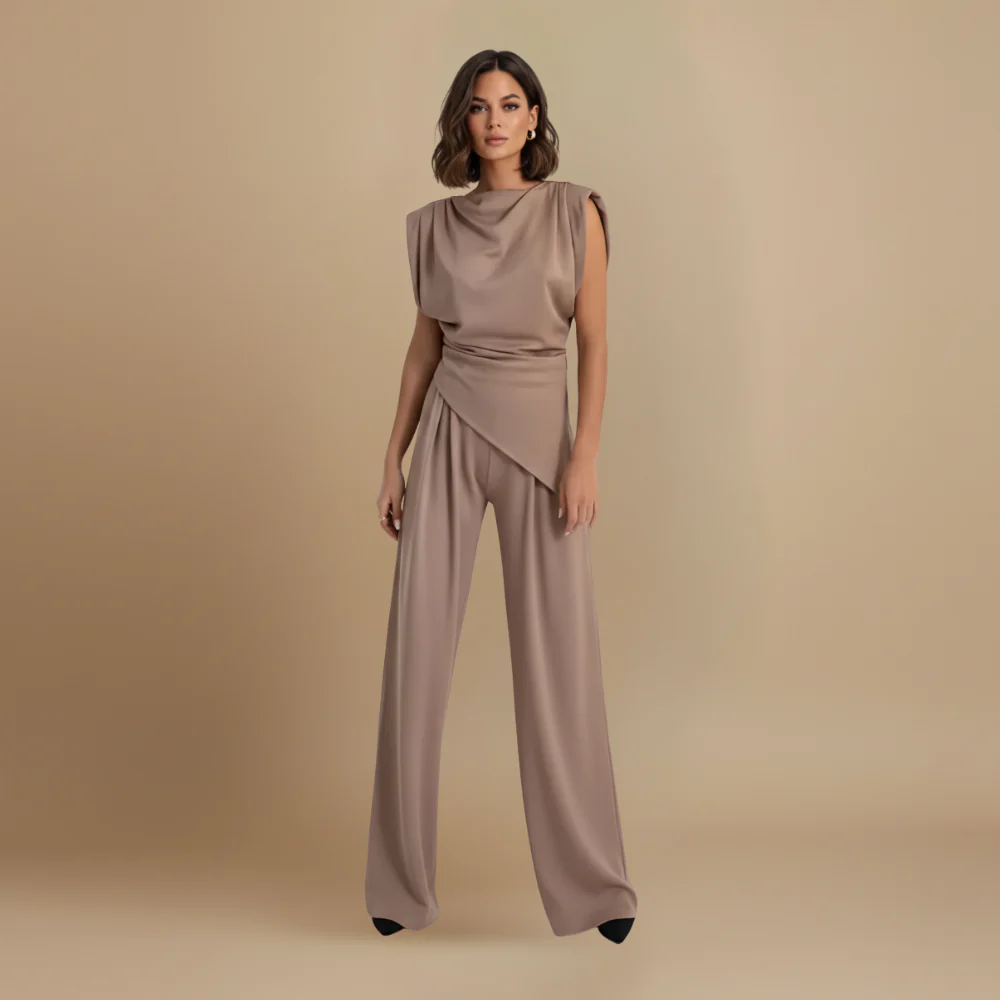 Women’s elegant draped top with high-waisted trousers Fashion Grand