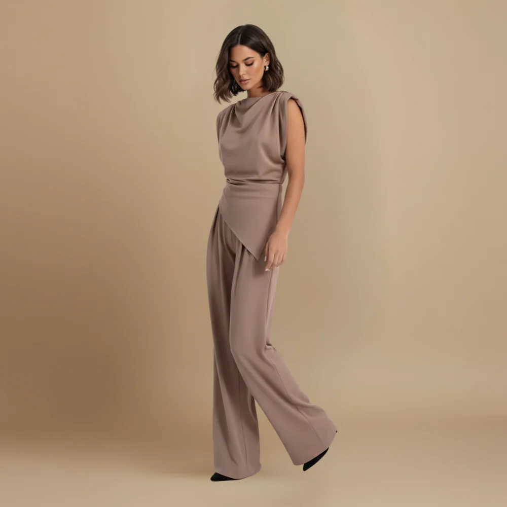 Women’s elegant draped top with high-waisted trousers Fashion Grand