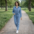 Women’s casual denim jumpsuit with straight legs and long sleeves Fashion Grand