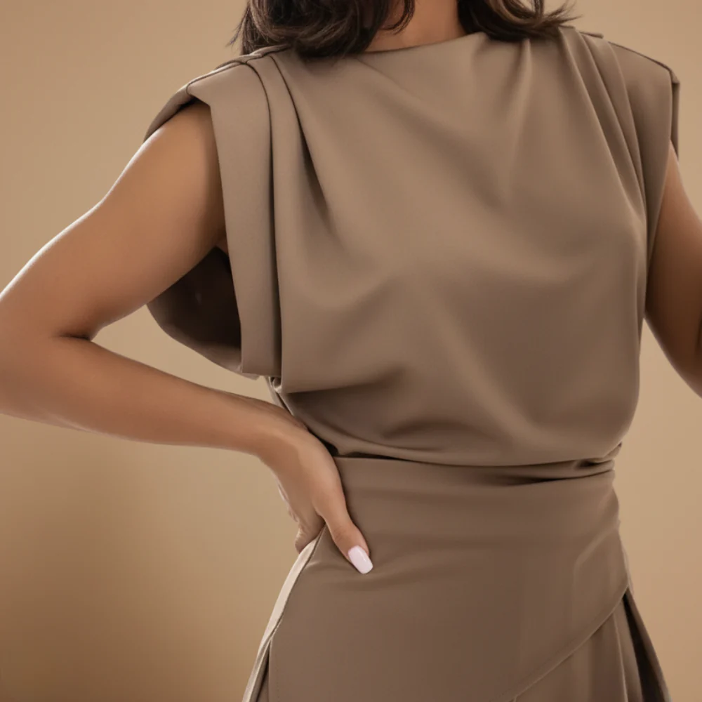 Women’s elegant draped top with high-waisted trousers Fashion Grand