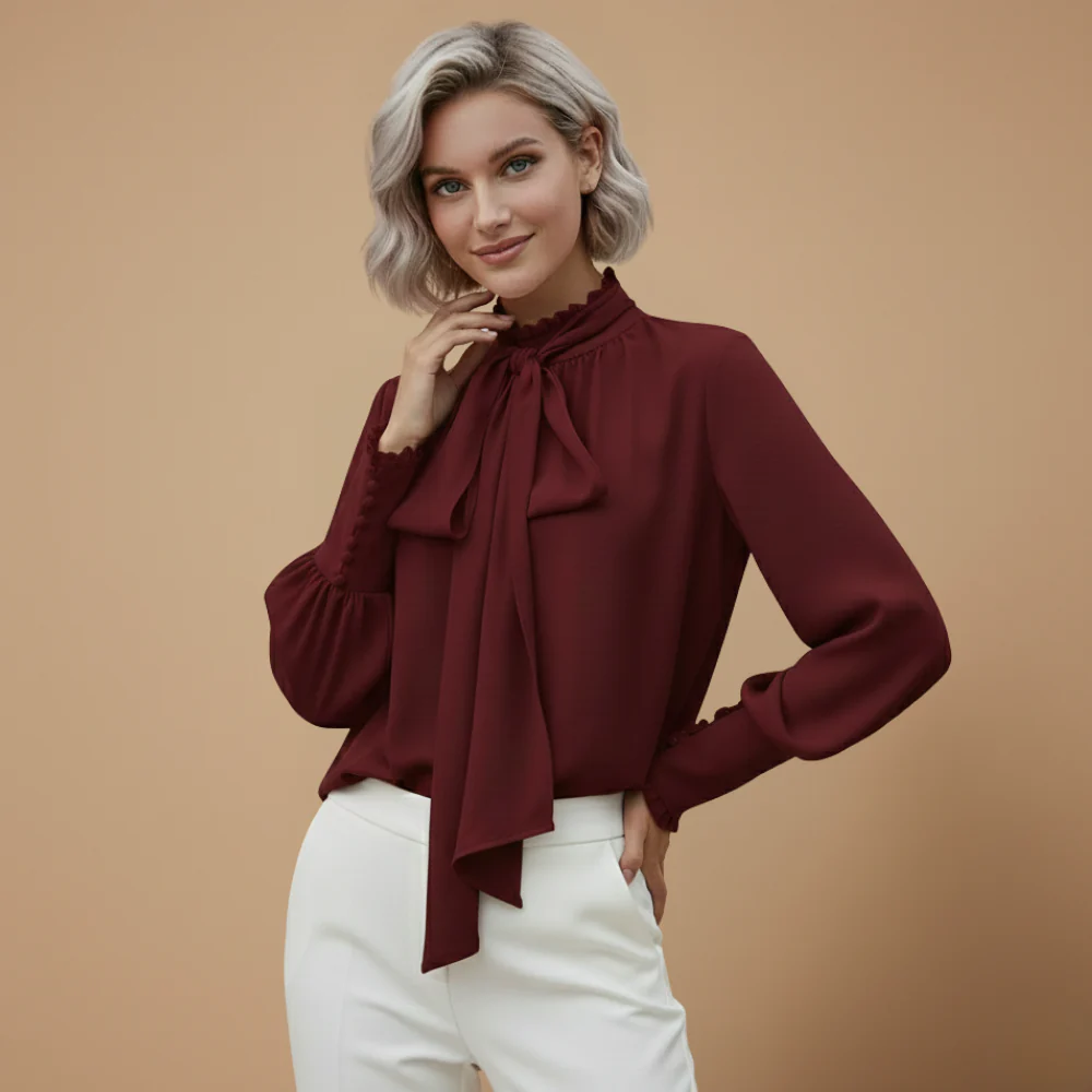 Women's tie neck bow blouse long sleeve casual Fashion Grand