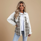 Denim Patchwork Plaid Buttoned Shirt Collar Jacket for Women Fashion Grand