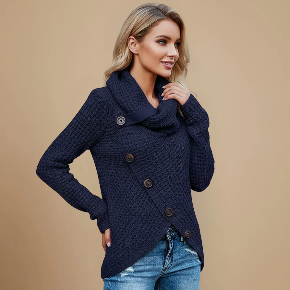 Ladies Knit Sweater Cowl Neck Button Detail Fashion Grand