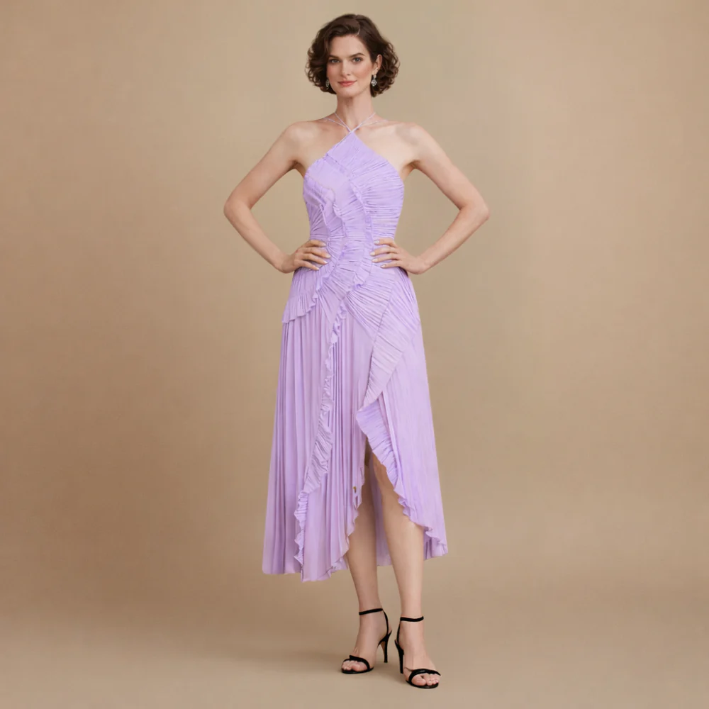 Women’s elegant flowy dress with ruffles and halter neck Fashion Grand