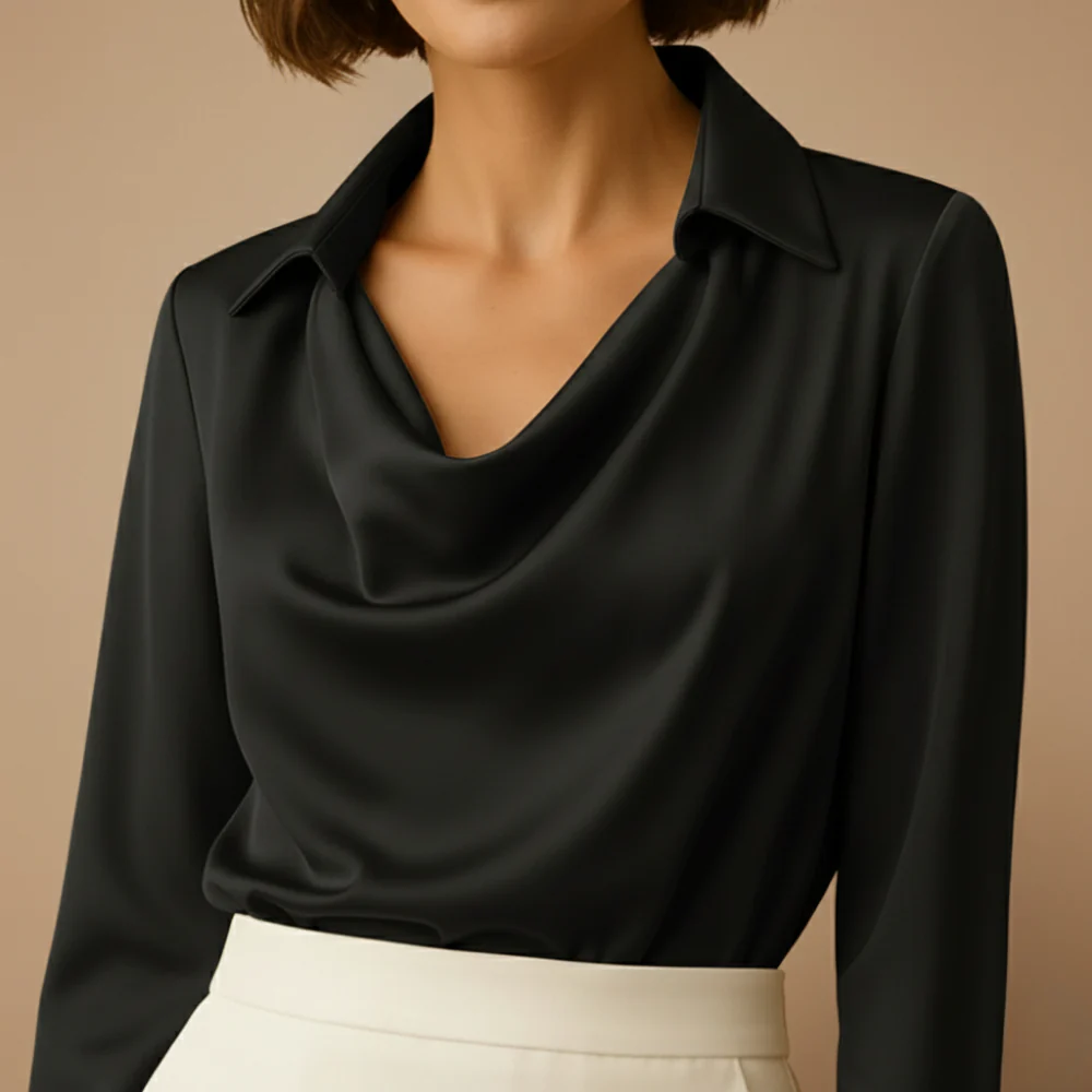 Women's elegant blouse with long sleeves and draped neckline Fashion Grand