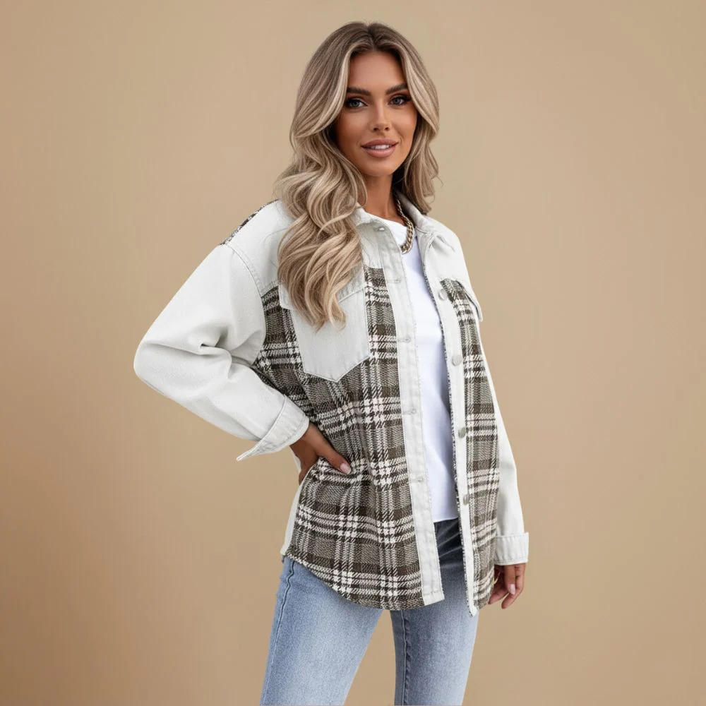Denim Patchwork Plaid Buttoned Shirt Collar Jacket for Women Fashion Grand