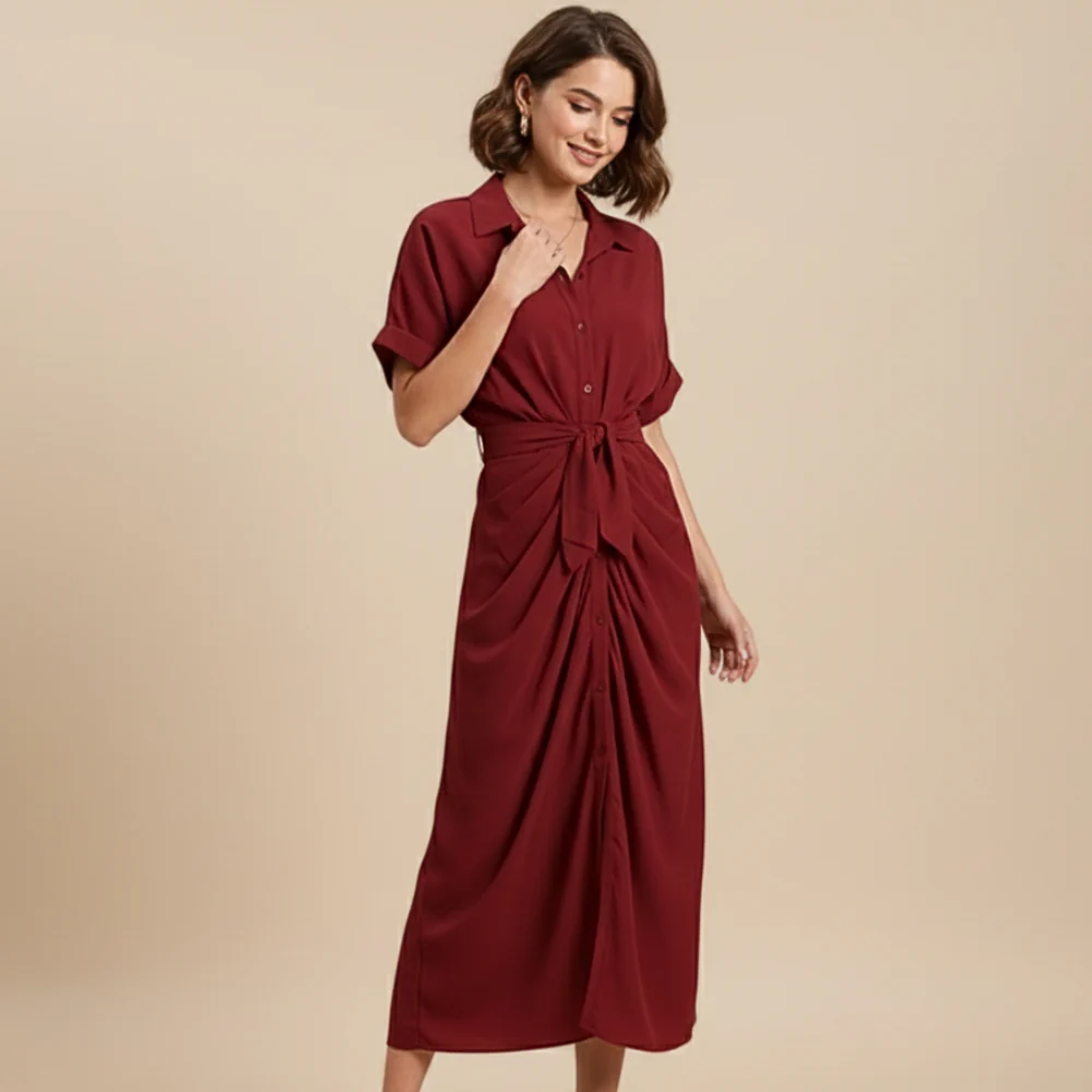 Women's Midi Dress with Waist Tie Fashion Grand