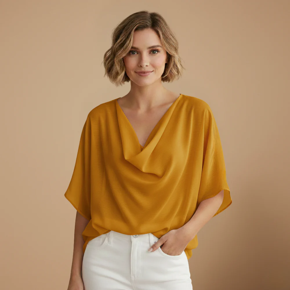 Women's loose fit blouse with mid sleeves and elegant neckline Fashion Grand