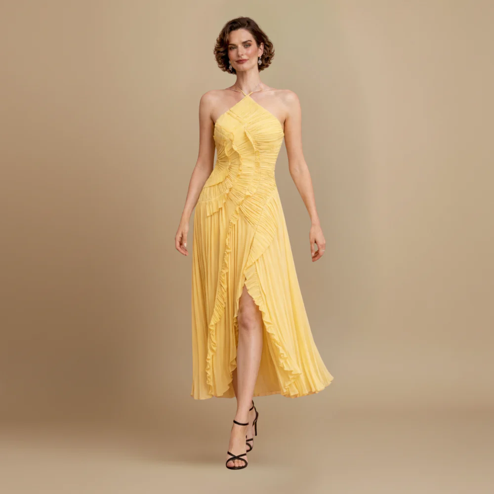 Women’s elegant flowy dress with ruffles and halter neck Fashion Grand