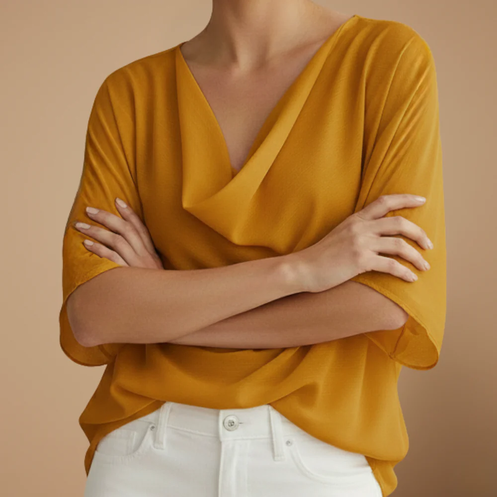 Women's loose fit blouse with mid sleeves and elegant neckline Fashion Grand