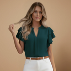 Women’s blouse with ruffles and V-neck for casual summer wear Fashion Grand