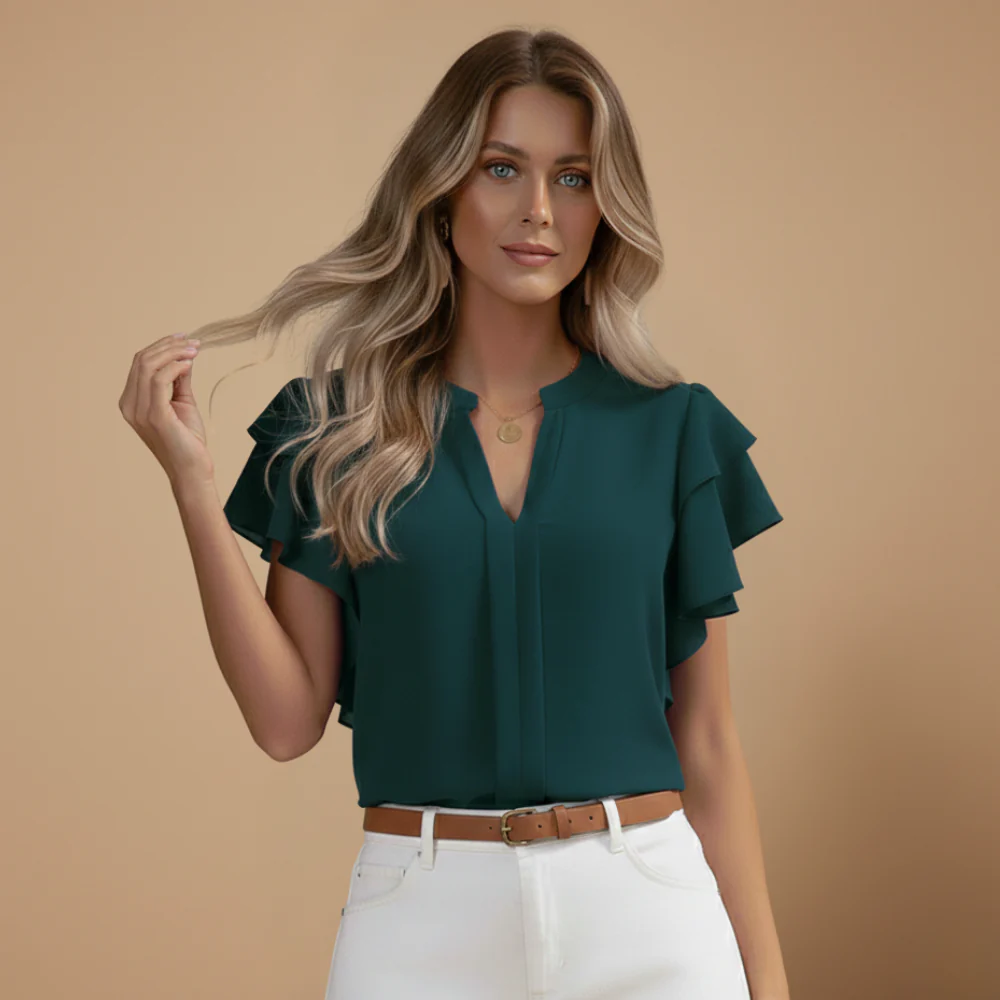 Women’s blouse with ruffles and V-neck for casual summer wear Fashion Grand