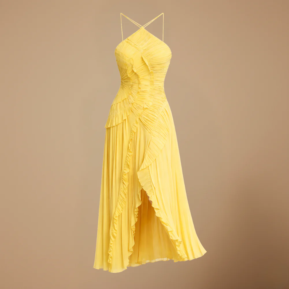 Women’s elegant flowy dress with ruffles and halter neck Fashion Grand