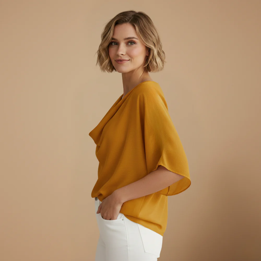 Women's loose fit blouse with mid sleeves and elegant neckline Fashion Grand