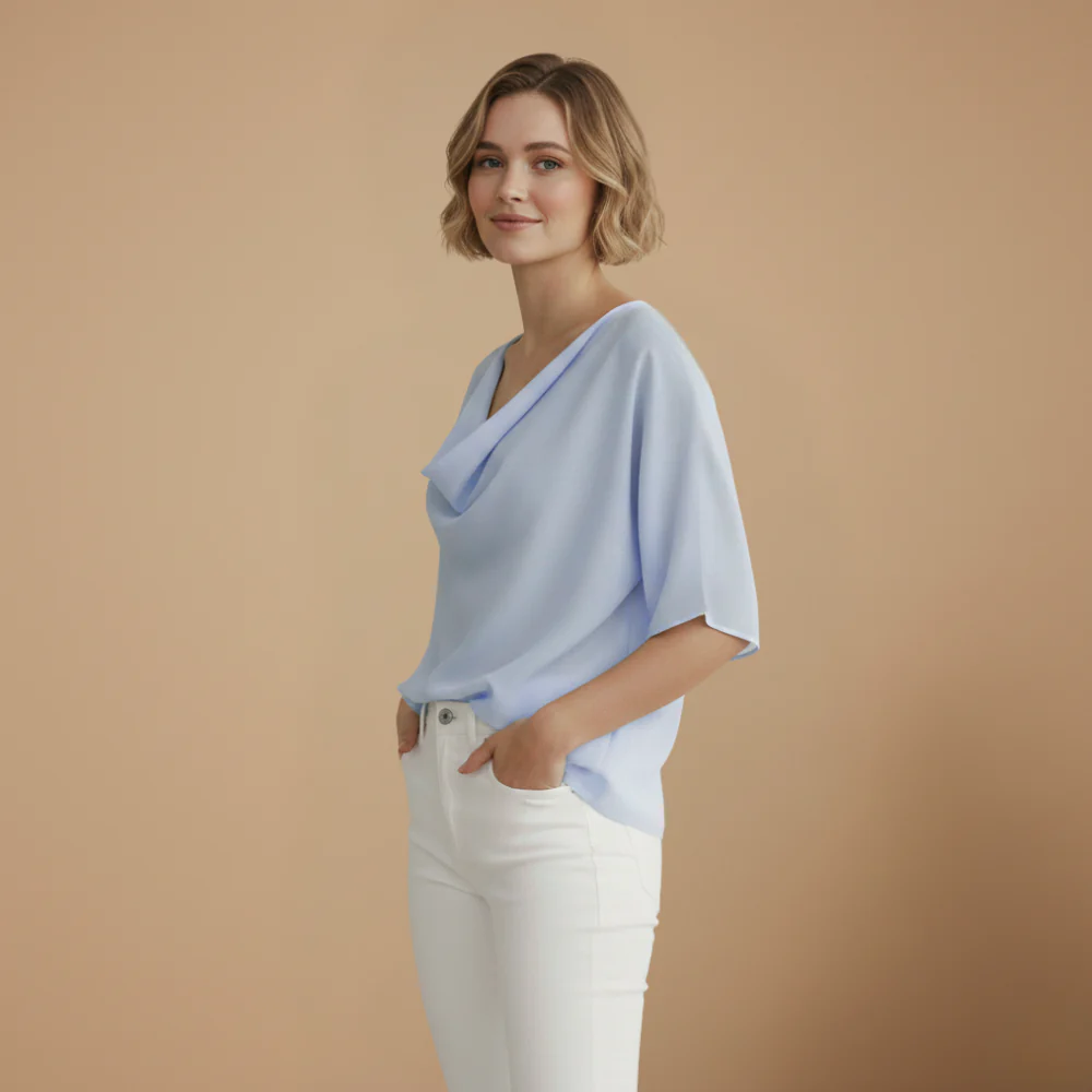 Women's loose fit blouse with mid sleeves and elegant neckline Fashion Grand