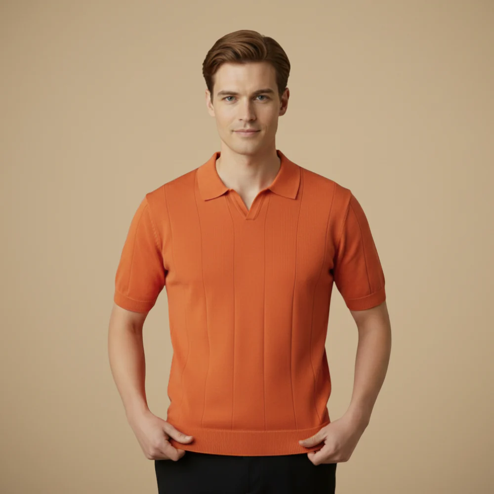 Men's short sleeved knitted v-neck polo shirt