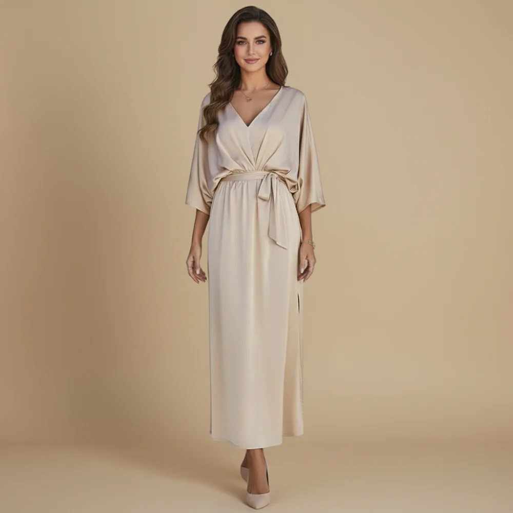 Women's V-Neck Tie Waist Long Dress Fashion Grand